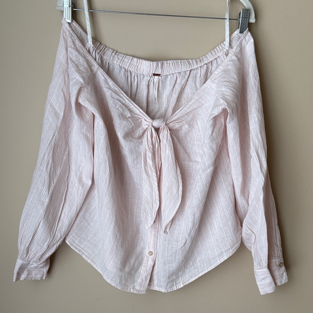 Free People Blouse Off Shoulder Pink White Stripes Buttoned Down Tie Size Small